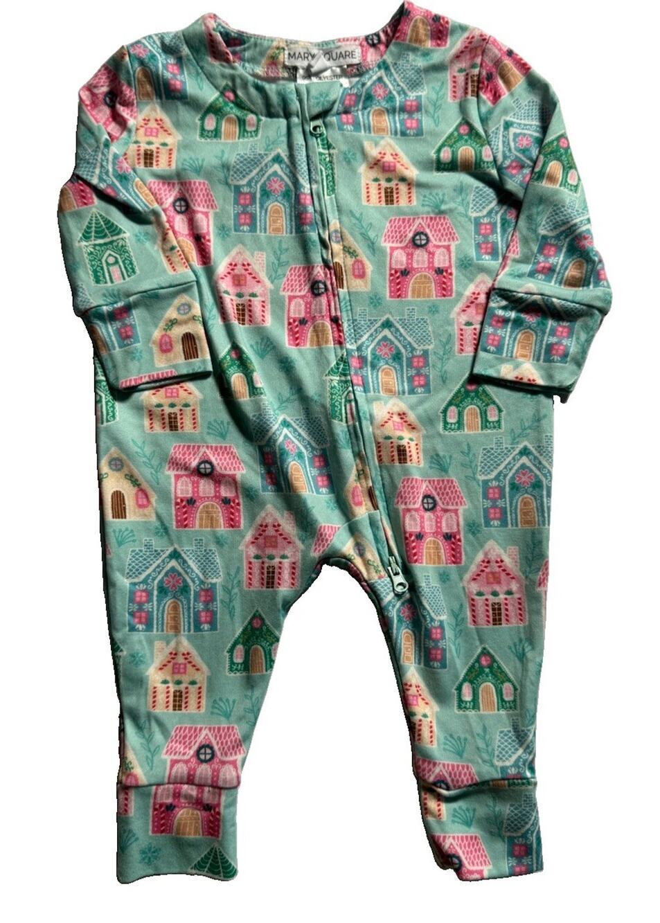 Mary Square Baby 0-3M Christmas Gingerbread House Zip Romper Pajamas